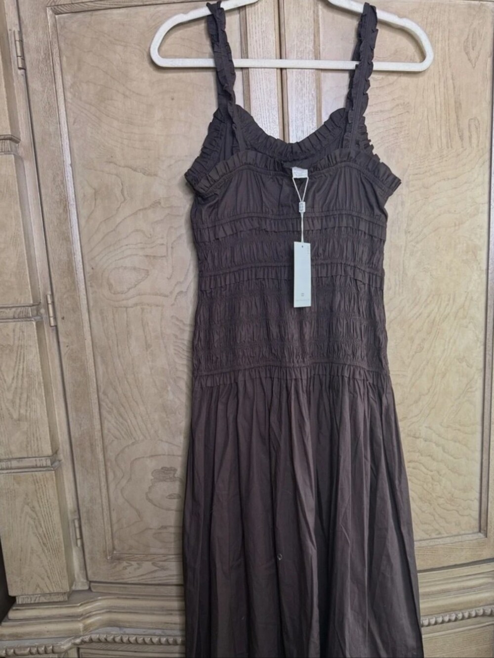 Caroline Constas Chocolate Brown Smocked Maxi Dress Size Large Cotton - Picture 5 of 13